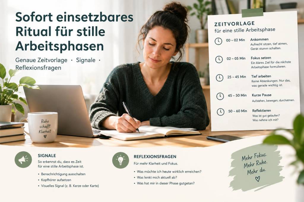 Sofort einsetzbares ritual für stille arbeitsphasen: genaue zeitvorlage, signale und reflexionsfragen